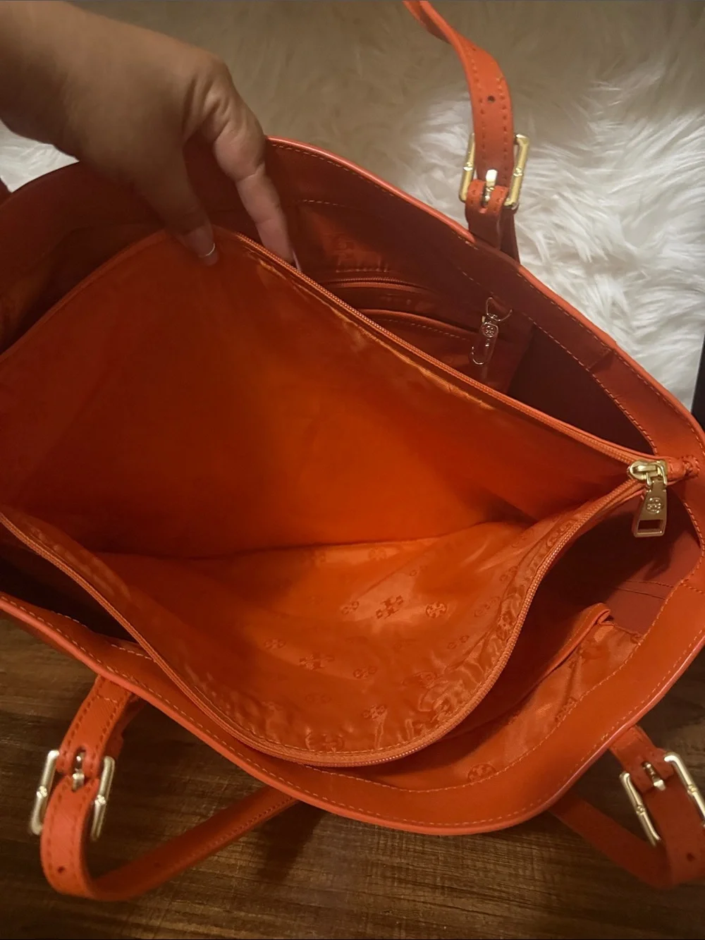 Tory Burch Bright Orange Saffiano Leather Tote